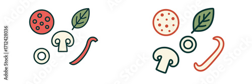Colorful illustrations of pizza toppings including peppers, mushrooms, and pepperoni