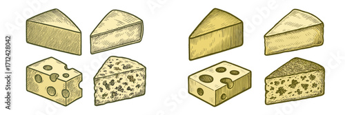 Variety of cheese types illustrated with different textures and shapes at a local market