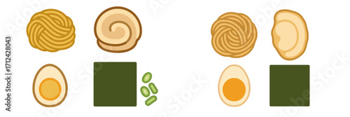 Creative display of traditional Japanese foods featuring sushi rolls and egg dishes arranged on a white background