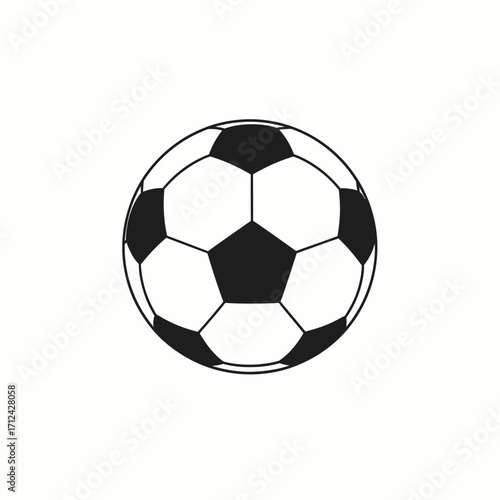 A detailed illustration of a soccer ball, featuring black and white pentagons and hexagons.