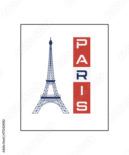 Eiffel Tower and Paris Typography - Minimalist Vector Illustration | Stylized Paris City Graphic with Eiffel Tower and Vertical Text | Iconic Eiffel Tower and 'Paris' Logo - Simple Travel Design