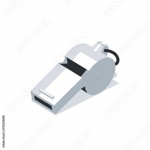 Isometric 3D vector icon of a classic silver metal referee or coach whistle isolated on a white background.