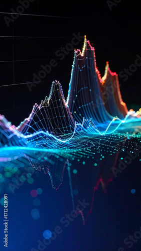 Abstract digital stock market chart with glowing blue lines and bokeh effects representing financial growth and analysis.
