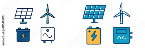 Sustainable green energy technology featuring solar panels, wind turbines, batteries, and power inverters for electricity generation