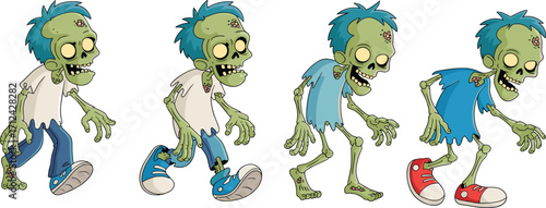 Cartoon zombie character evolution, green skin undead, progressive decay stages, horror illustration, tattered clothes, spooky monster, Halloween design, vector art