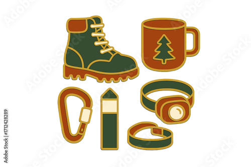 Outdoor adventure gear collection with hiking boot, camping mug, carabiner, headlamp, and trail marker