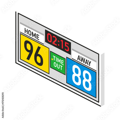 Isometric digital scoreboard displaying scores for home and away teams, with a timer and a time out indicator for a sports game.