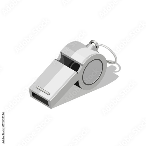 Close-up illustration of a silver whistle with a ring, casting a shadow on a white background.