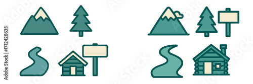 Nature scenery with mountains, trees, river, and cabin in a tranquil outdoor setting