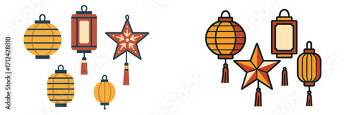 Assortment of traditional Asian lanterns and decorative star ornaments with tassels for cultural celebrations