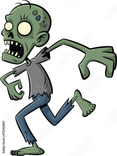Cartoon zombie character, green skin, bulging eyes, funny undead monster, running pose, exaggerated limbs, Halloween illustration, spooky, horror, humor