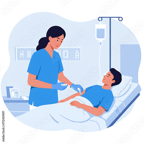 Nurse Giving Intravenous Infusion to Patient in Hospital Bed Healthcare Treatment