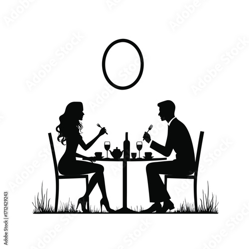 Couple dining silhouette with wine and tea set dinner