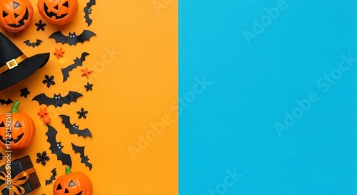 Halloween decorations featuring pumpkins bats a witch hat and a gift box on an orange background with a blue background on the right side creating a festive autumn scene