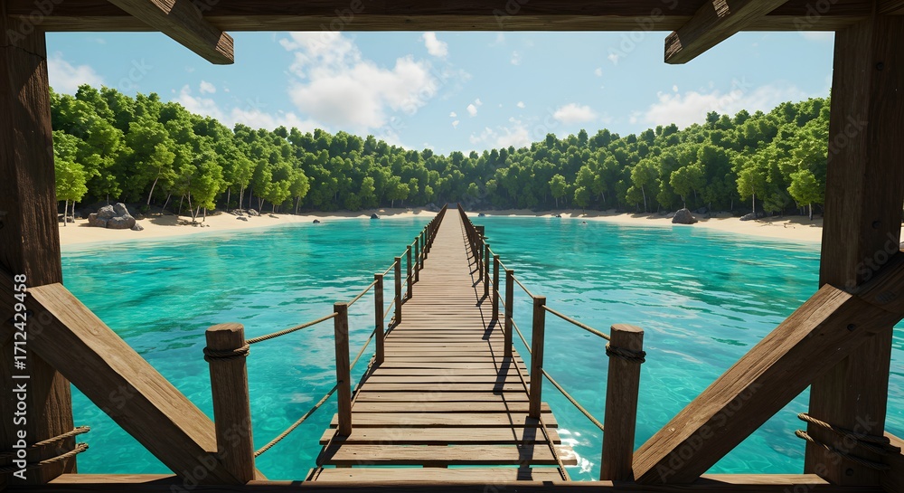 Obraz premium Wooden pier extends across clear turquoise water toward a lush green tropical shoreline under a bright sky