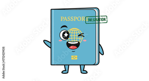 Passport Character with Immigration Stamp Cartoon Illustration