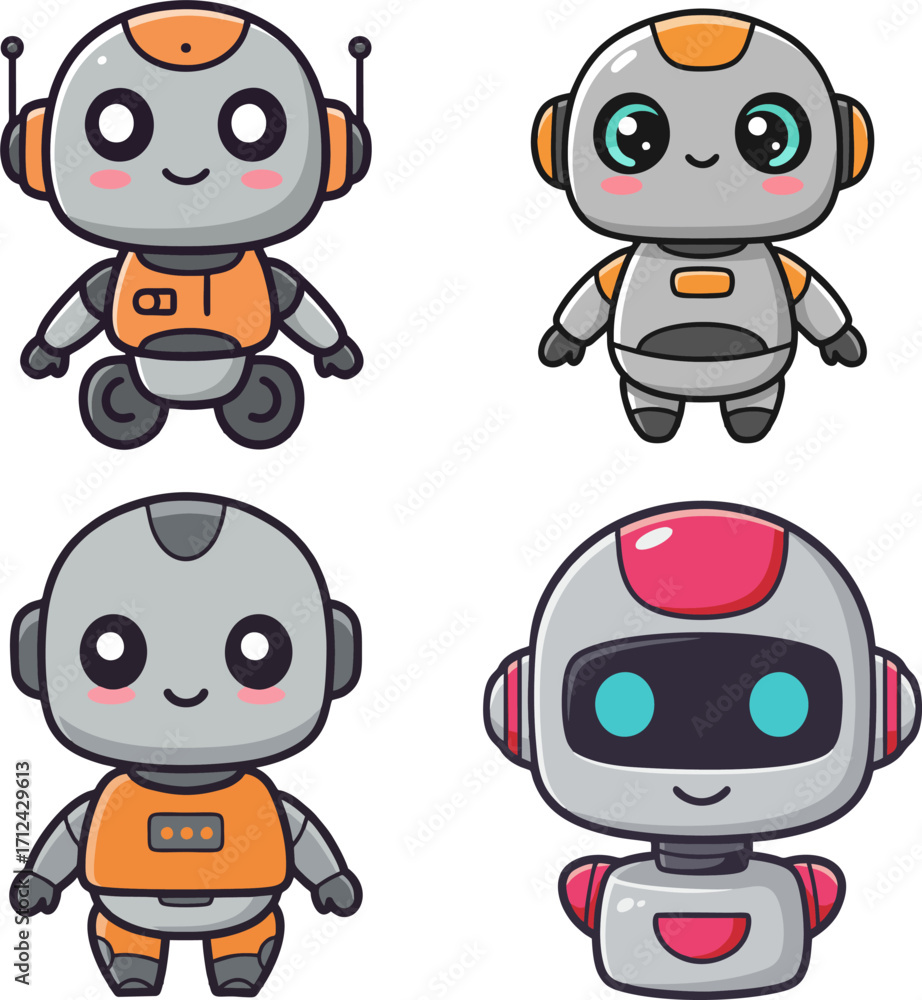 Fototapeta premium A delightful collection of cute cartoon robot characters. Set of four friendly android mascots with kawaii expressions for technology and AI concepts