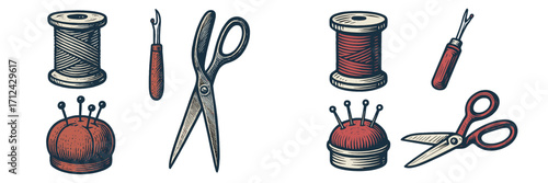 Collection of vintage sewing tools and tailoring accessories for needlework, craft projects, and textile design