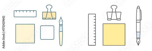 Office supplies arranged neatly on a workspace, showing tools for organization and creativity