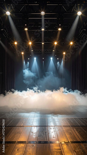 Empty stage scene filled with artistic blue illumination and swirling fog, prepared for concert, musical theater event, or live entertainment performance in a dramatic venue setting