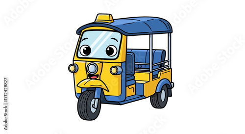 Cute cartoon yellow and blue tuk-tuk auto rickshaw illustration with a friendly face and big eyes