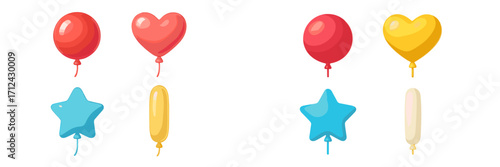 Colorful balloons in various shapes including hearts and stars arranged in pairs on a bright background