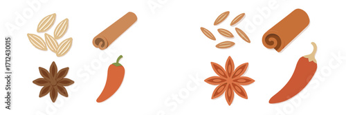 Colorful arrangement of spices including star anise, cinnamon, and chili peppers on a clean background