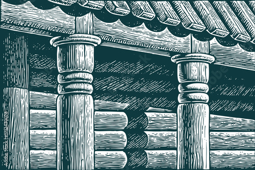 Detailed wood carving on the porch of a traditional log cabin showing intricate patterns and craftsmanship
