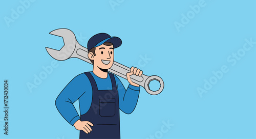 A smiling mechanic holds a large wrench over his shoulder.