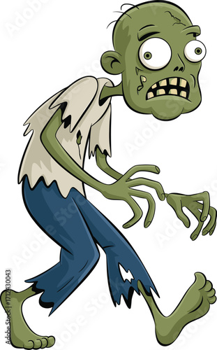Cartoon zombie character, green skin, scary monster, Halloween illustration, undead creature, horror theme, spooky design, tattered clothes, vector art, editorial use