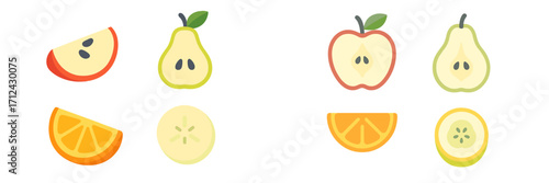 Colorful fruit illustrations featuring slices of apple, pear, orange, and banana on a clean white background