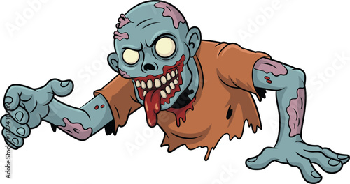 Cartoon zombie character, horror illustration, Halloween undead monster, creepy blue skin, scary tongue, grotesque face, vector art, spooky design