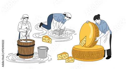 Cheese making process involves churning butter collecting milk and shaping large cheese wheels.
