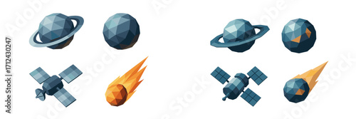 Set of stylized low poly geometric space objects featuring planets, satellites, and a fiery comet on a clean white background