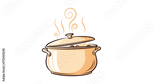 A delicious meal is simmering in a pot with steam rising.