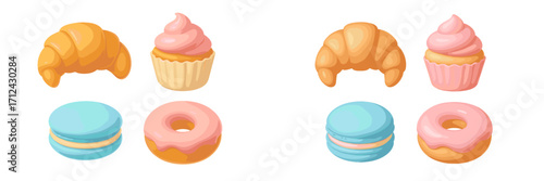 Variety of delicious sweet pastries and baked goods including croissants, cupcakes, macarons, and donuts on display