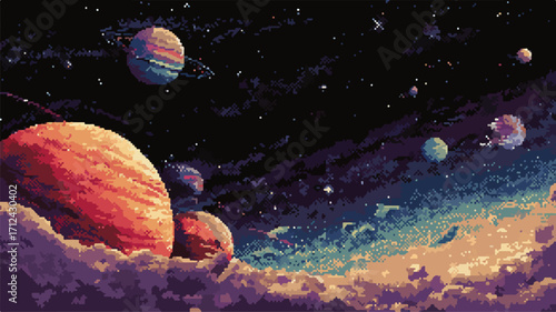 Pixelated Outer Space Scene with Planets and Stars Illustration