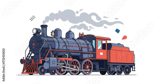An old steam locomotive puffs out smoke as it travels across the tracks.