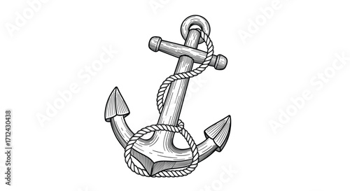 Vintage anchor illustration with rope and stylized flukes.
