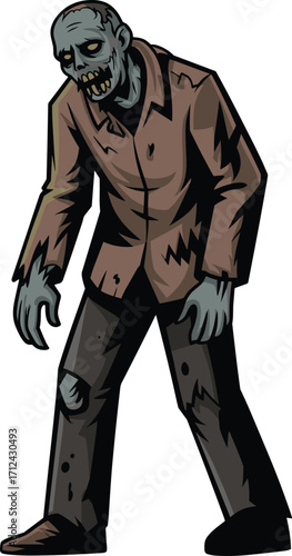 Cartoon zombie character, spooky undead illustration, Halloween monster art, creepy walking corpse, green skin horror, scary vector drawing, tattered clothes