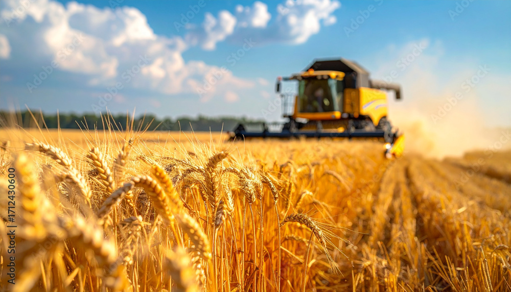Naklejka premium The Wheat Field Featuring Golden Ears and Blurred Combine Harvester Under Blue Sky 