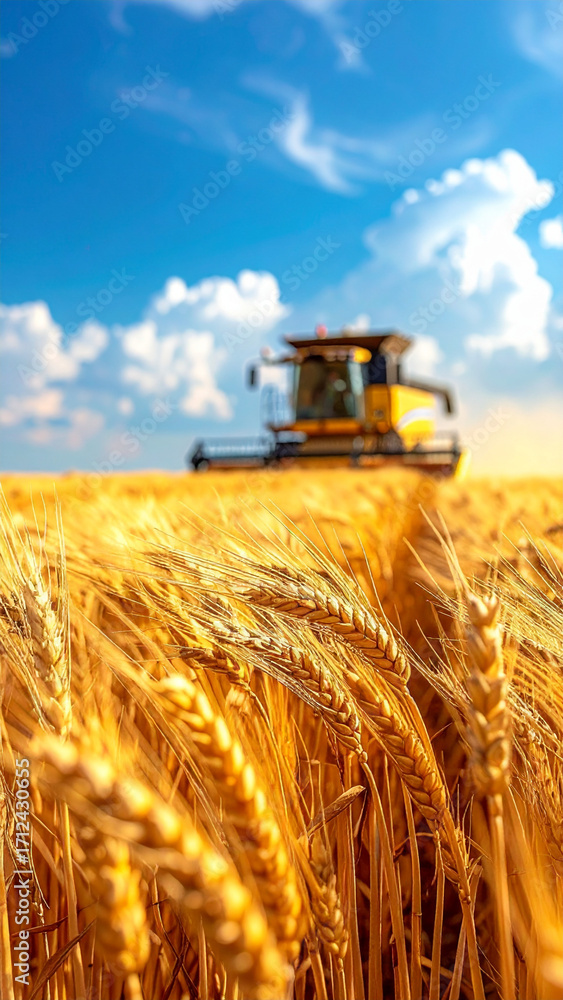 Fototapeta premium The Wheat Field Featuring Golden Ears and Blurred Combine Harvester Under Blue Sky 