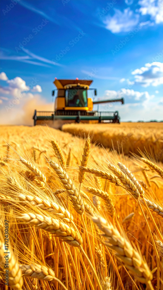 Fototapeta premium The Wheat Field Featuring Golden Ears and Blurred Combine Harvester Under Blue Sky 