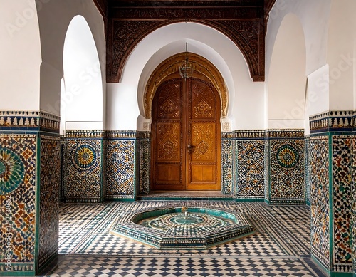 Ornate Moroccan courtyard with a fountain
