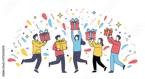 Happy people celebrating and receiving gifts with colorful confetti falling around them.