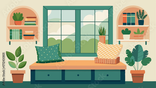 A cozy window seat with a cushioned bench surrounded by shelves filled with potted plants and woven baskets.