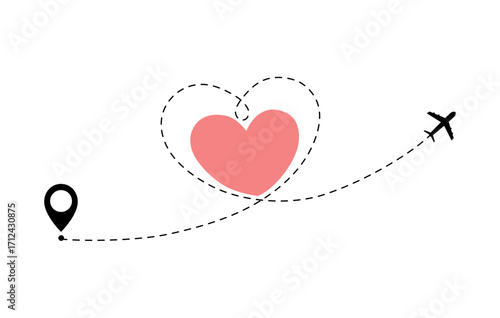 Airplane flying. Dash line heart loop in the sky. Air plane icon. Black silhouette shape. Travel trace. Happy Valentines Day Love romantic card. Flat design. Vector isolated on white background