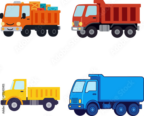 Collection of Colorful Cartoon Trucks for Transportation and Construction