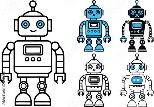 A playful set of colorful retro robots, toys, and futuristic androids in a fun vector illustration