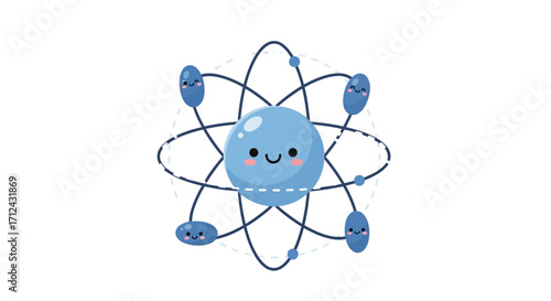 Cute cartoon illustration of a smiling atom with electrons orbiting around it